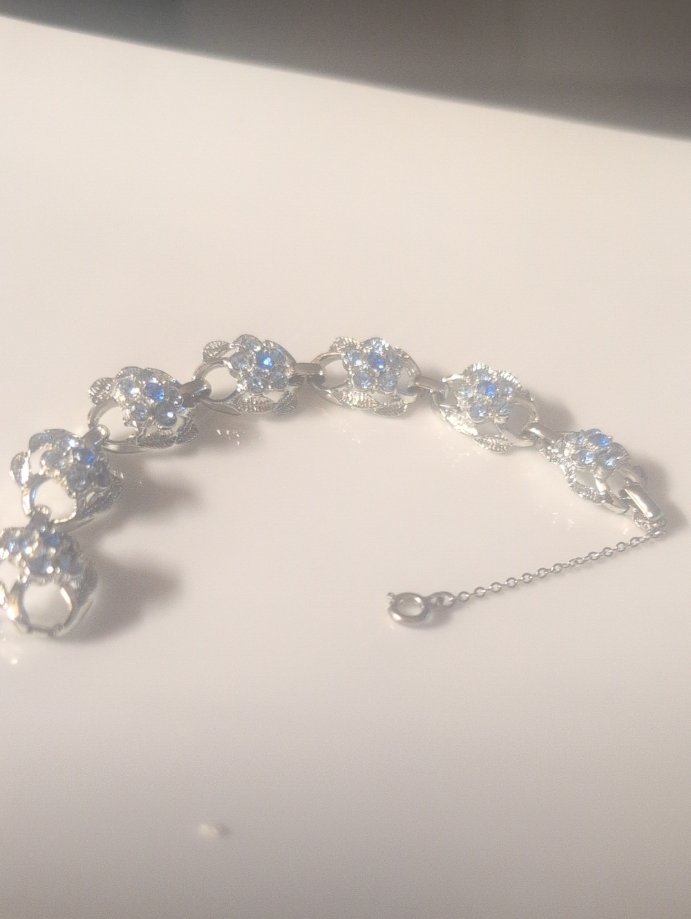 VTG Coro Silver Floral Crystal Link Bracelet - Light Blue Stones